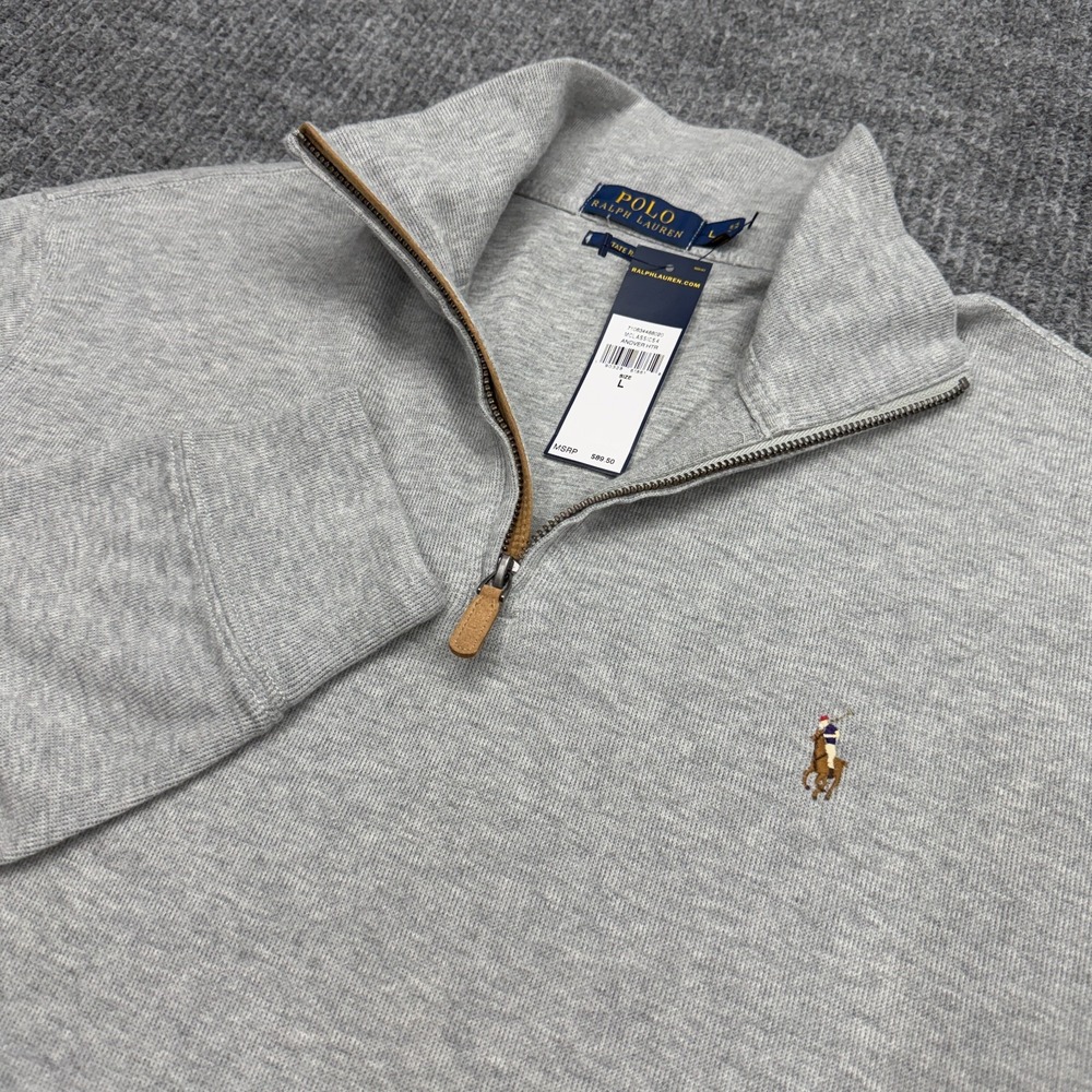 NWT Polo Ralph Lauren Estate Rib Quarter 1/4 Zip Pullover Mens L Gray Flesh Pony